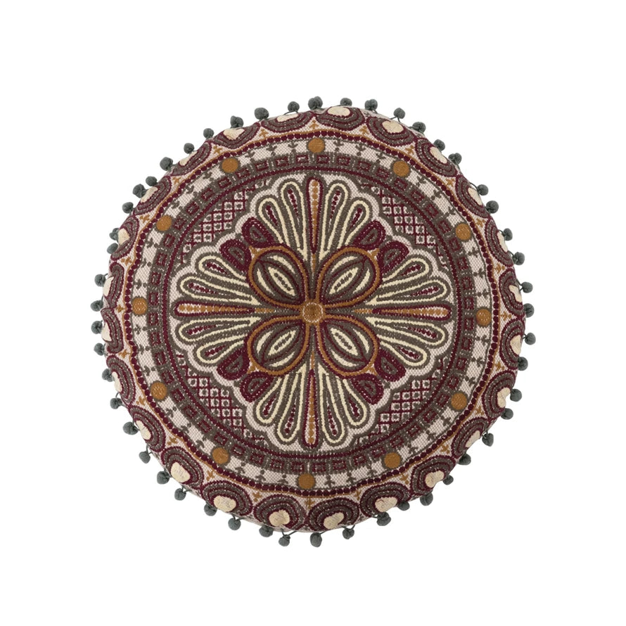 Round Cotton Embroidered Pillow with Pom Pom Trim