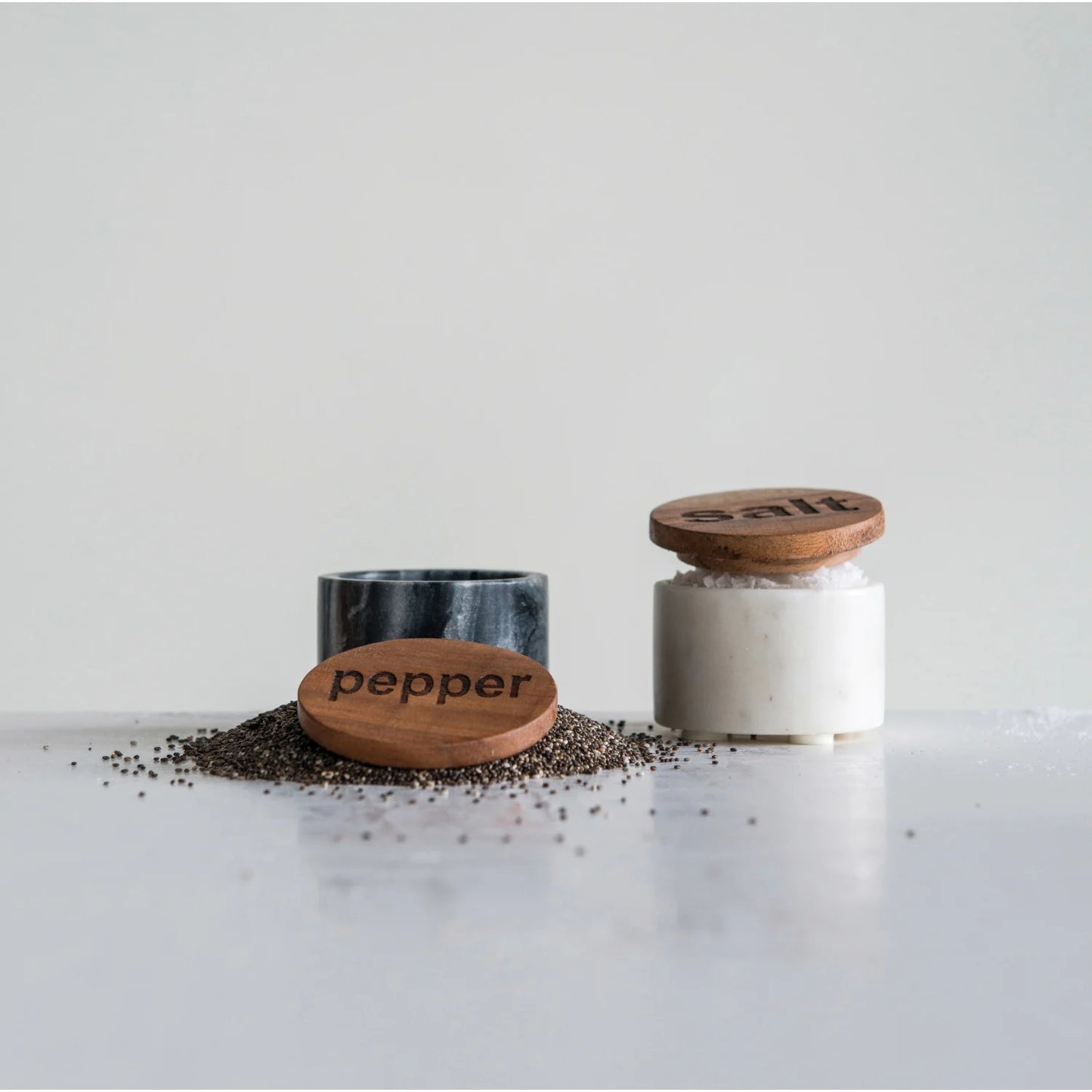 Set of Salt and Pepper Containers with Wood Lids