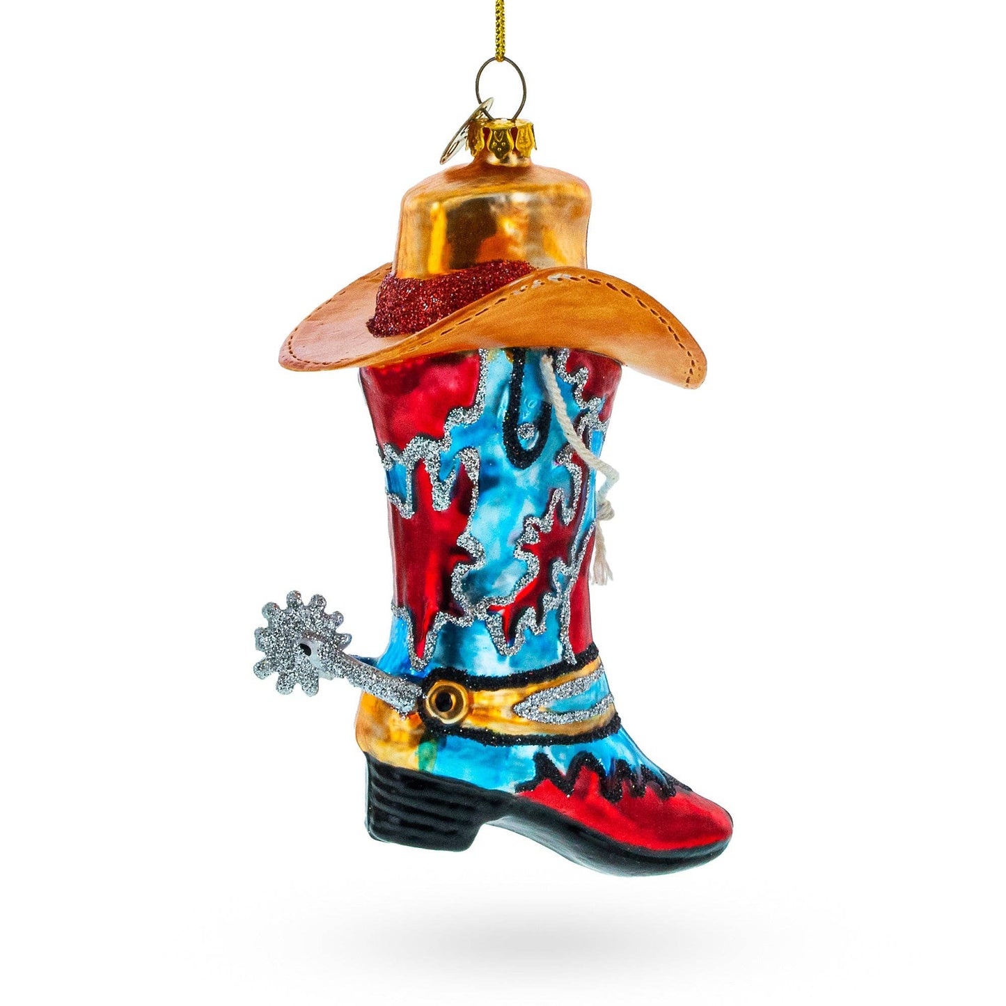Western Cowboy Boot with a Hat Blown - Glass Ornament