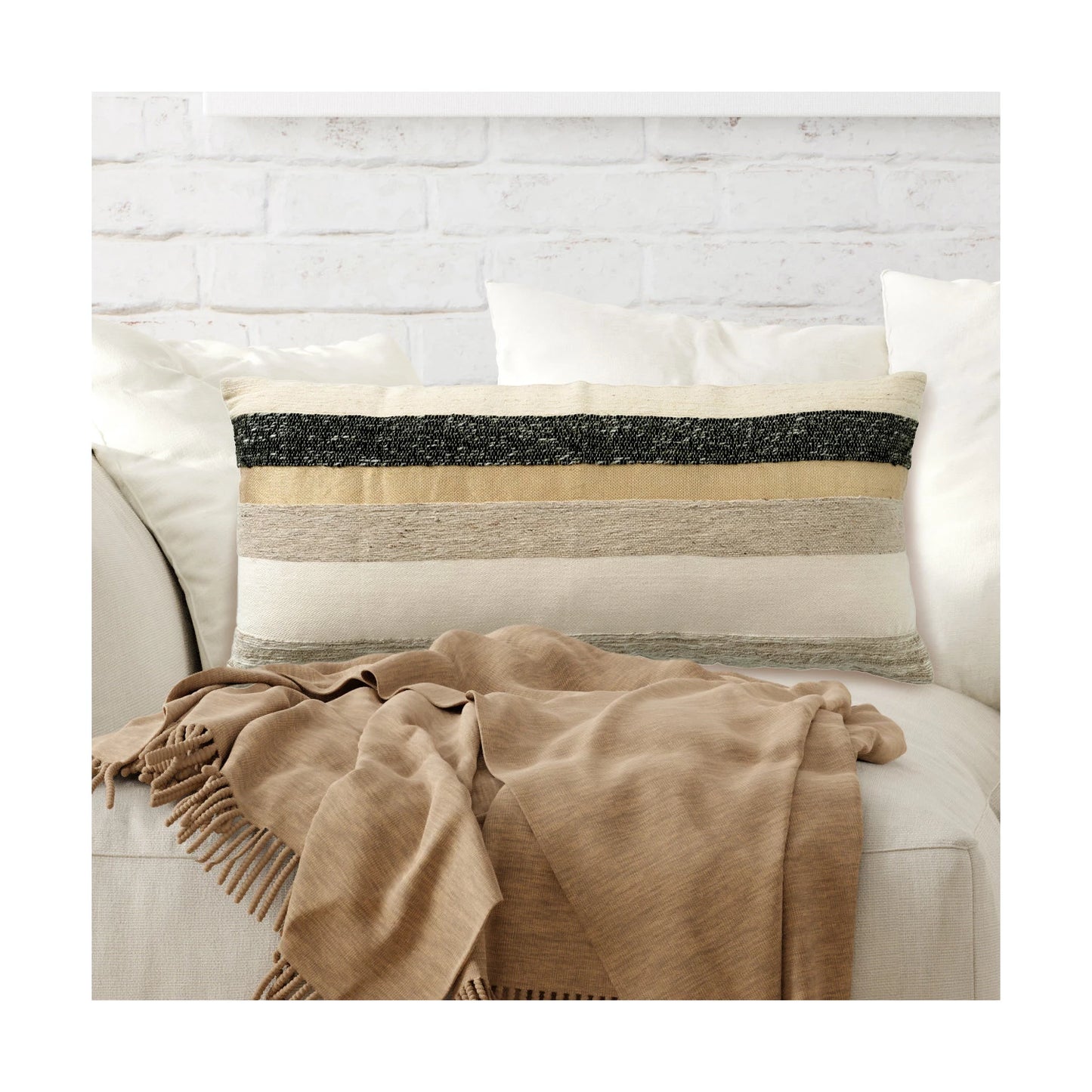 Woven Wool Blend Lumbar Pillow with Gold Metallic Thread & Stripes
