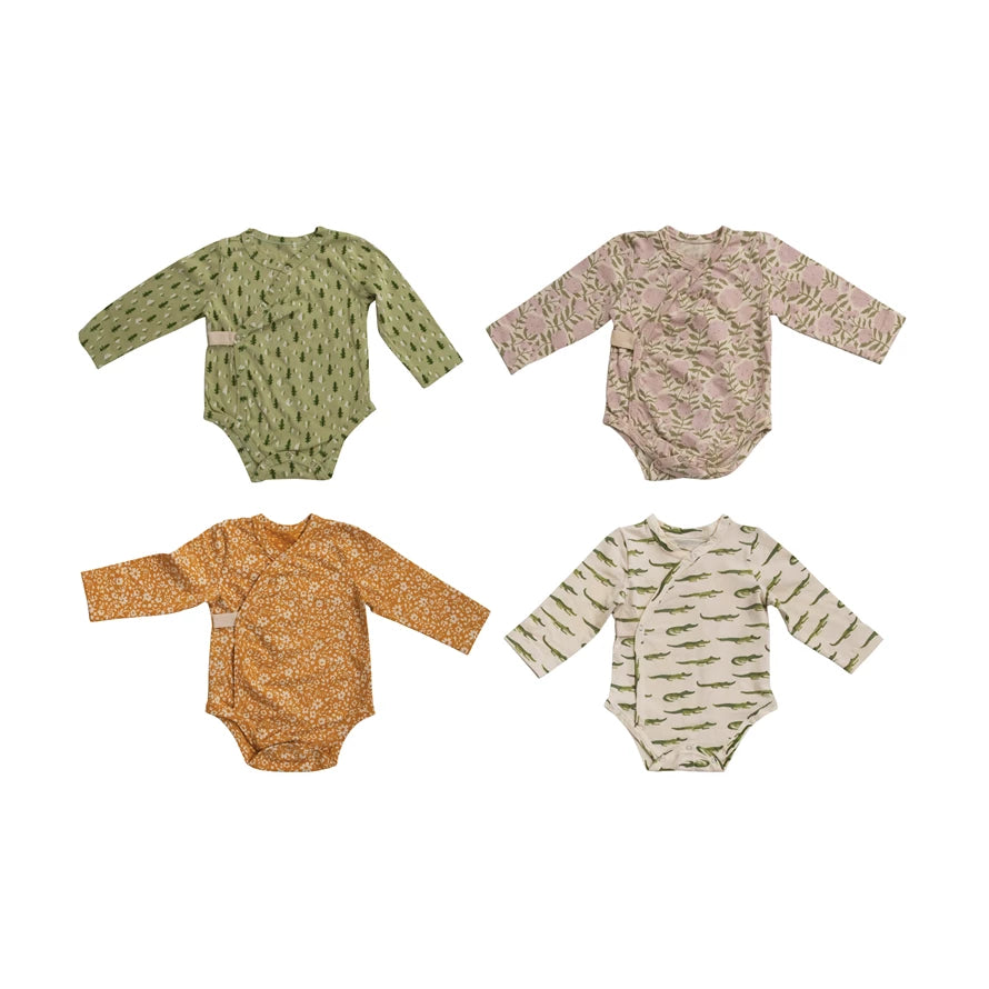 Cotton Baby Kimono Long Sleeve Bodysuit with Patterns