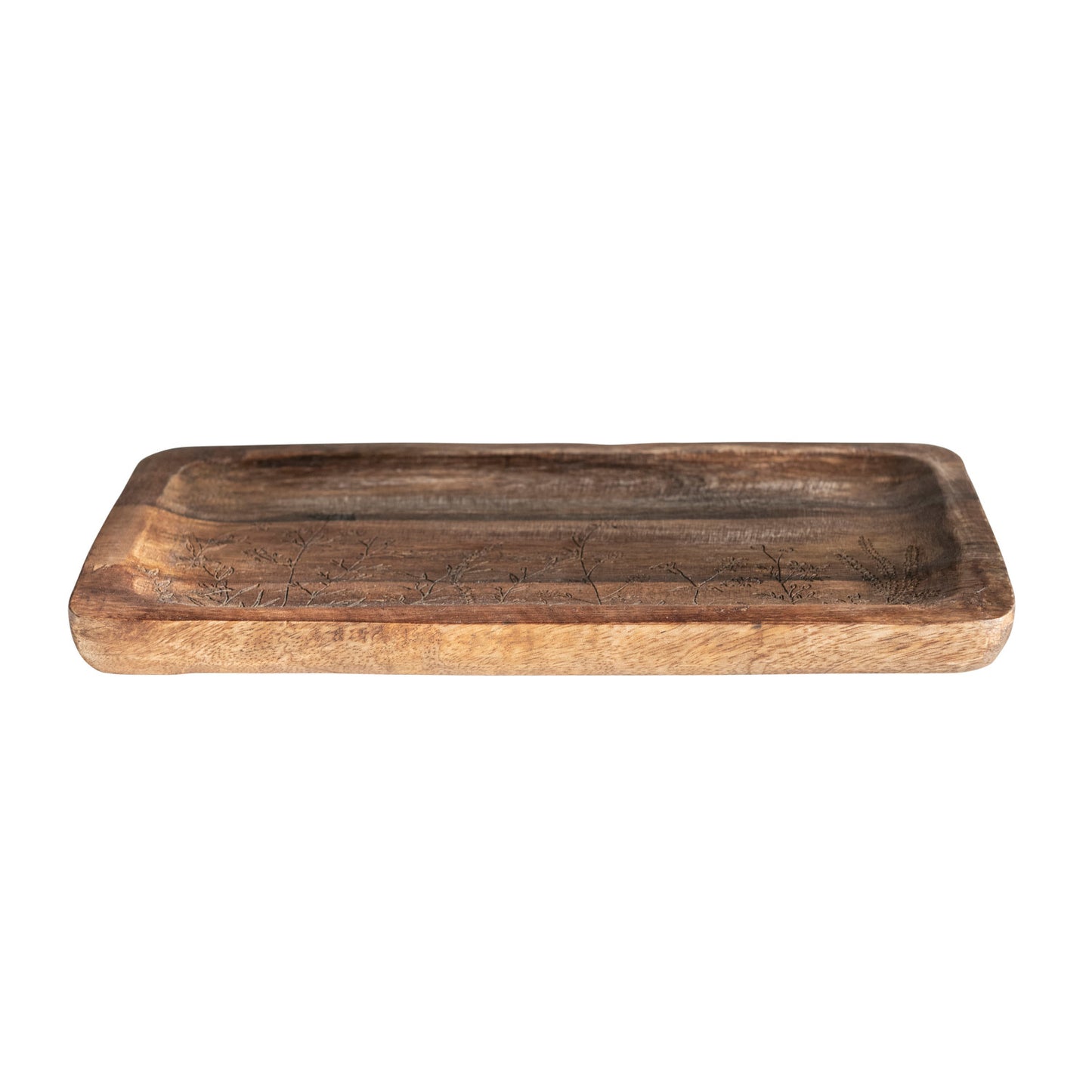 Mango Wood Tray with Etched Botanicals, Natural Finish
