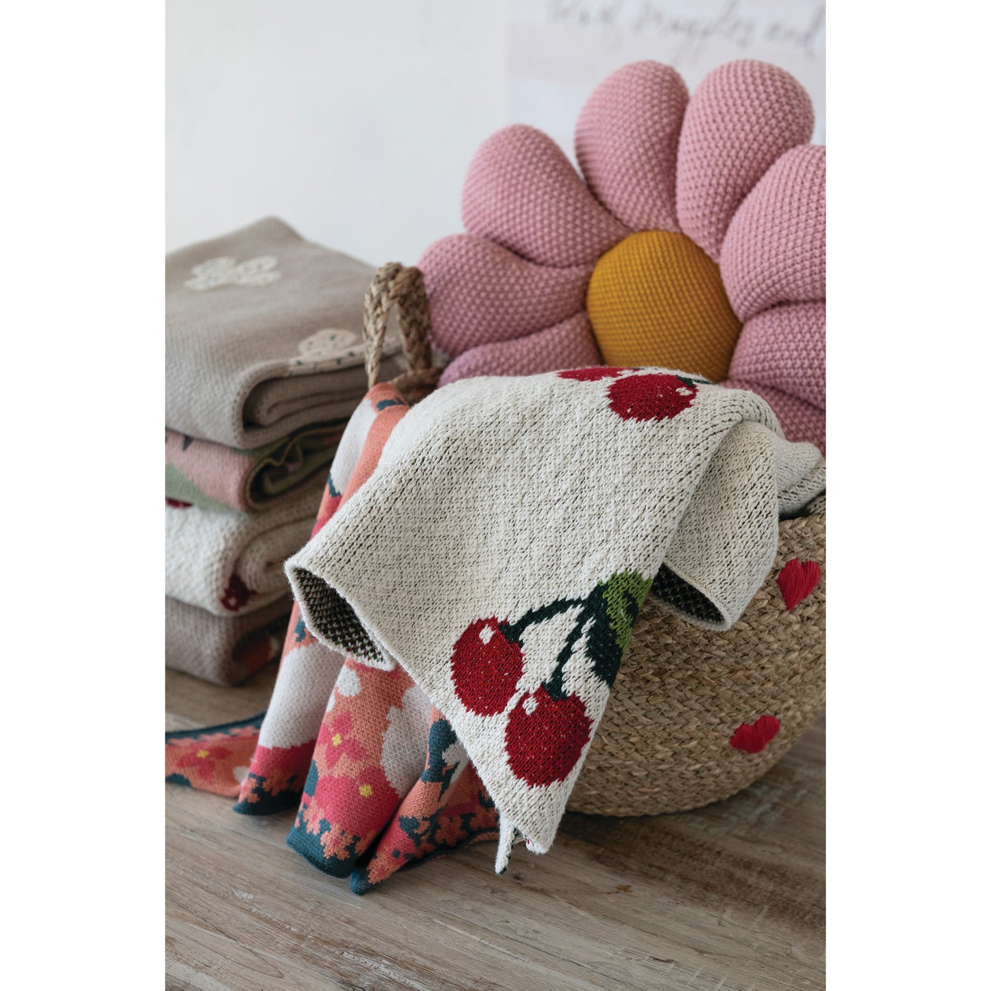 Cotton Knit Baby Blanket with Cherries