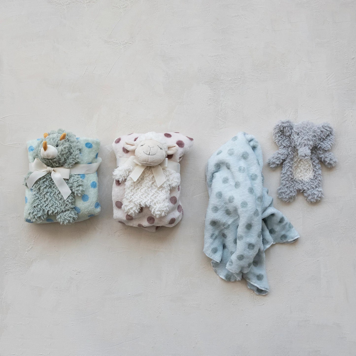 Plush Animal with Polka Dot Blanket