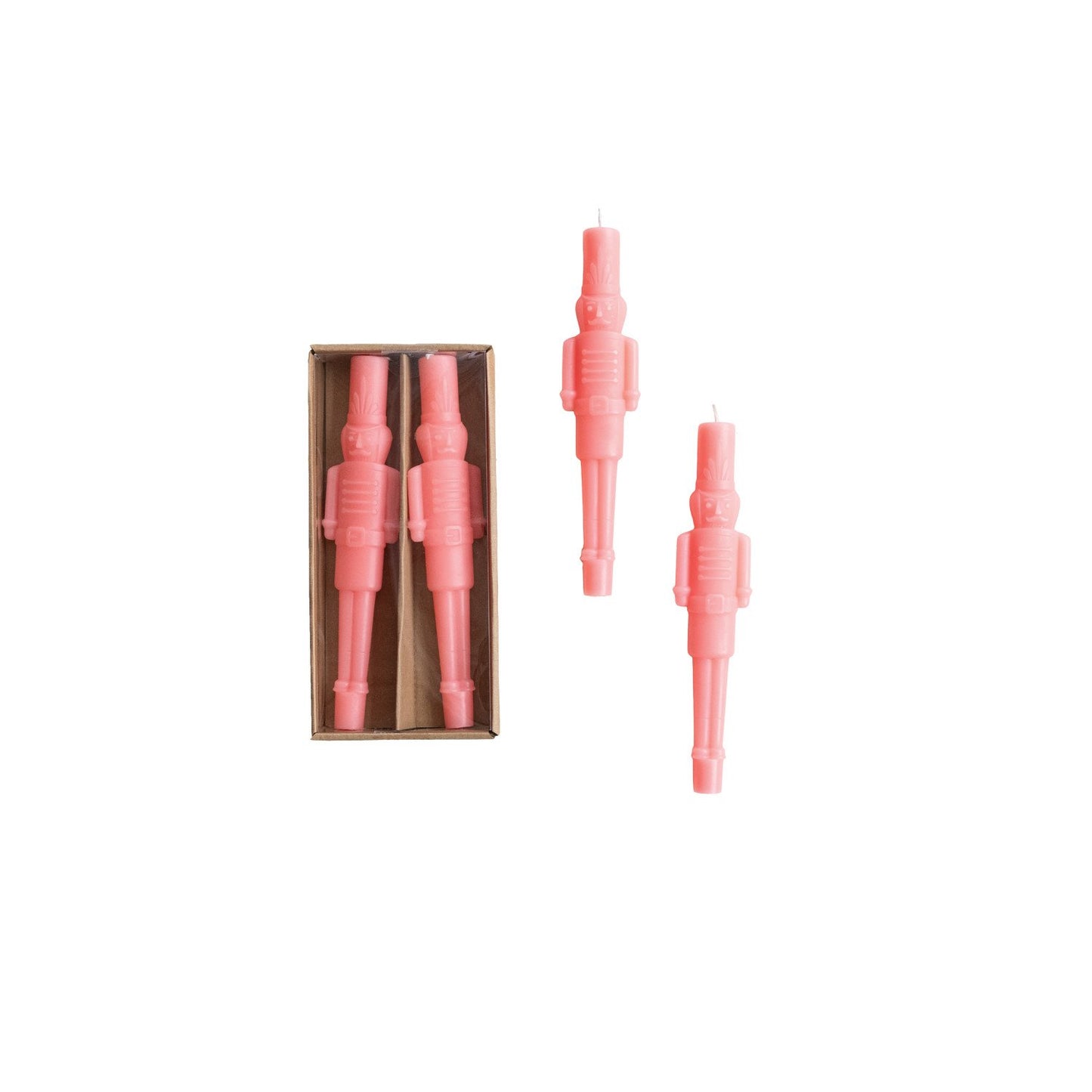 Unscented Nutcracker Shaped Taper Candles in Box, Pink, Set of 2