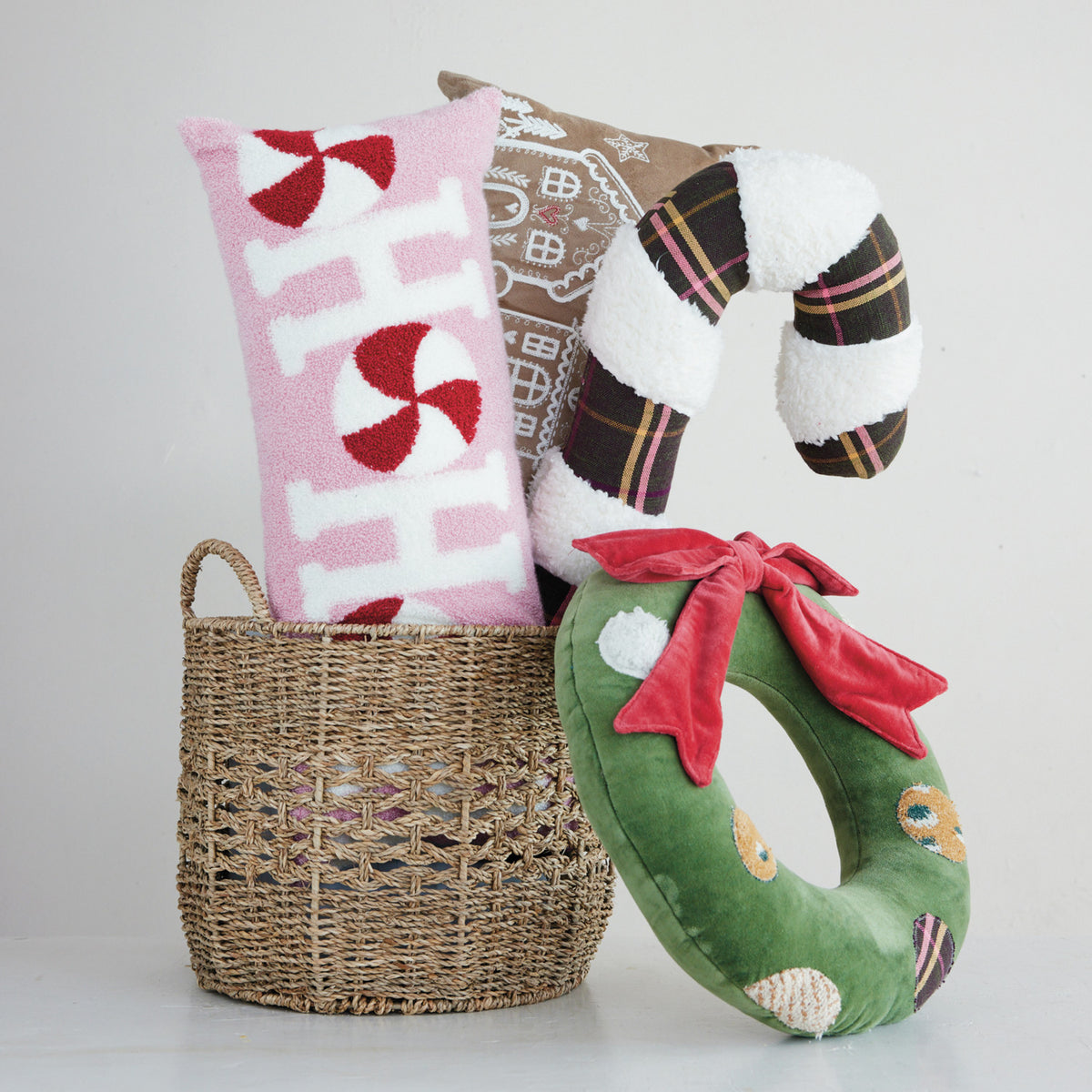 Velvet Lumbar Pillow with Embroidered Gingerbread Scene