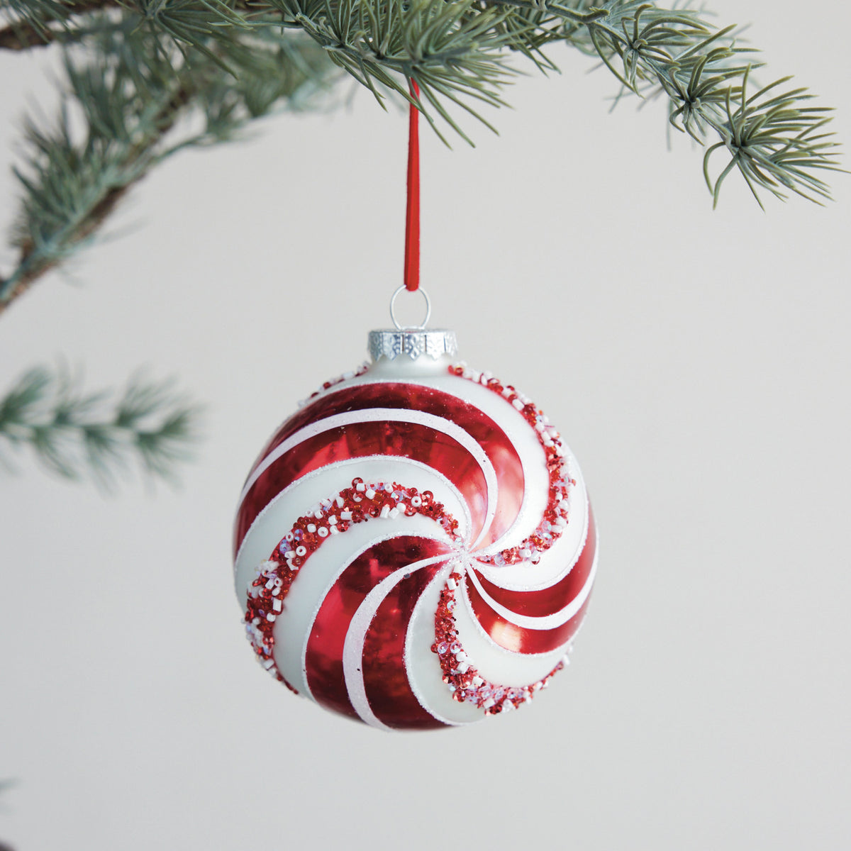 Glass Candy Striped Ball Ornament with Beads