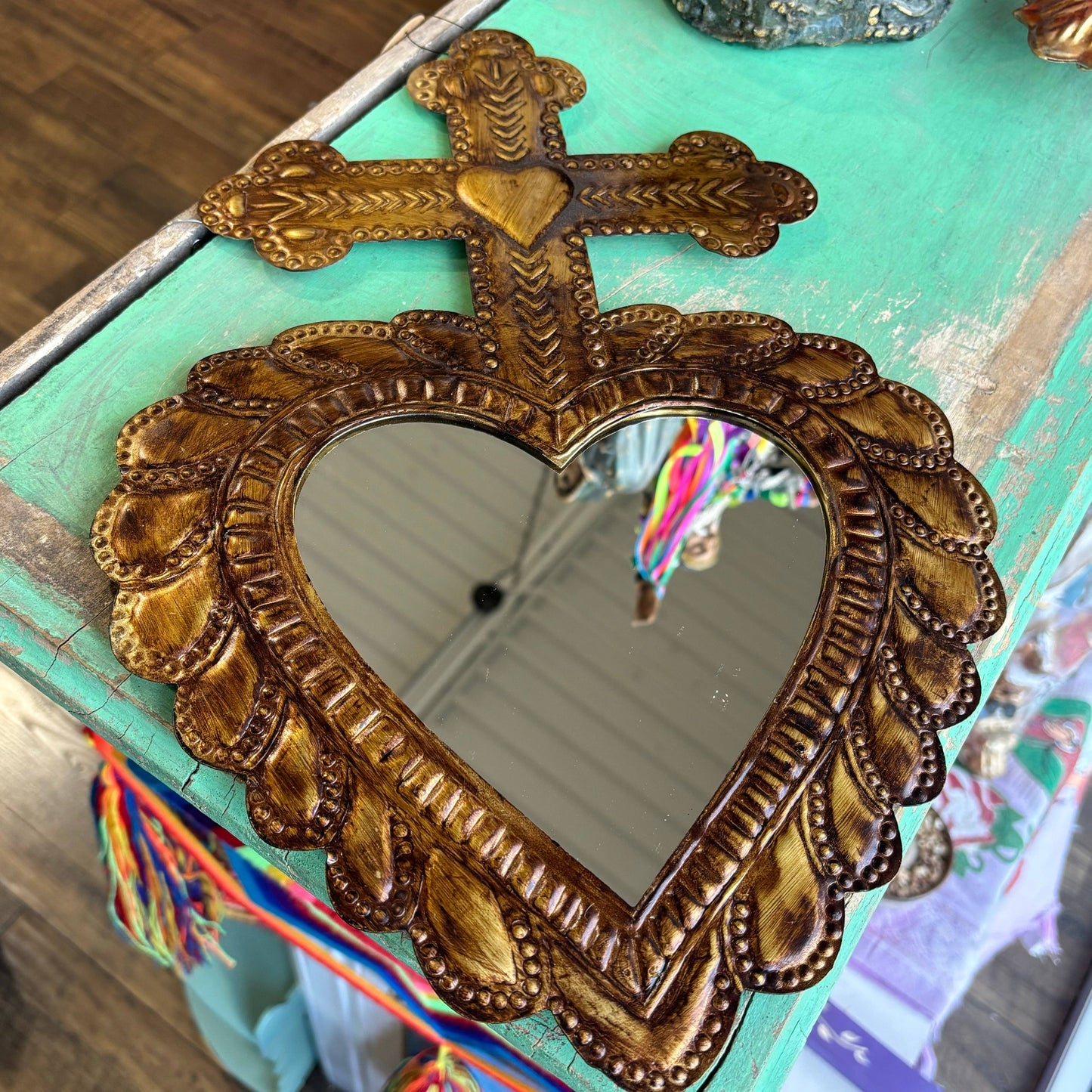 Cross on Heart Tin Mirror