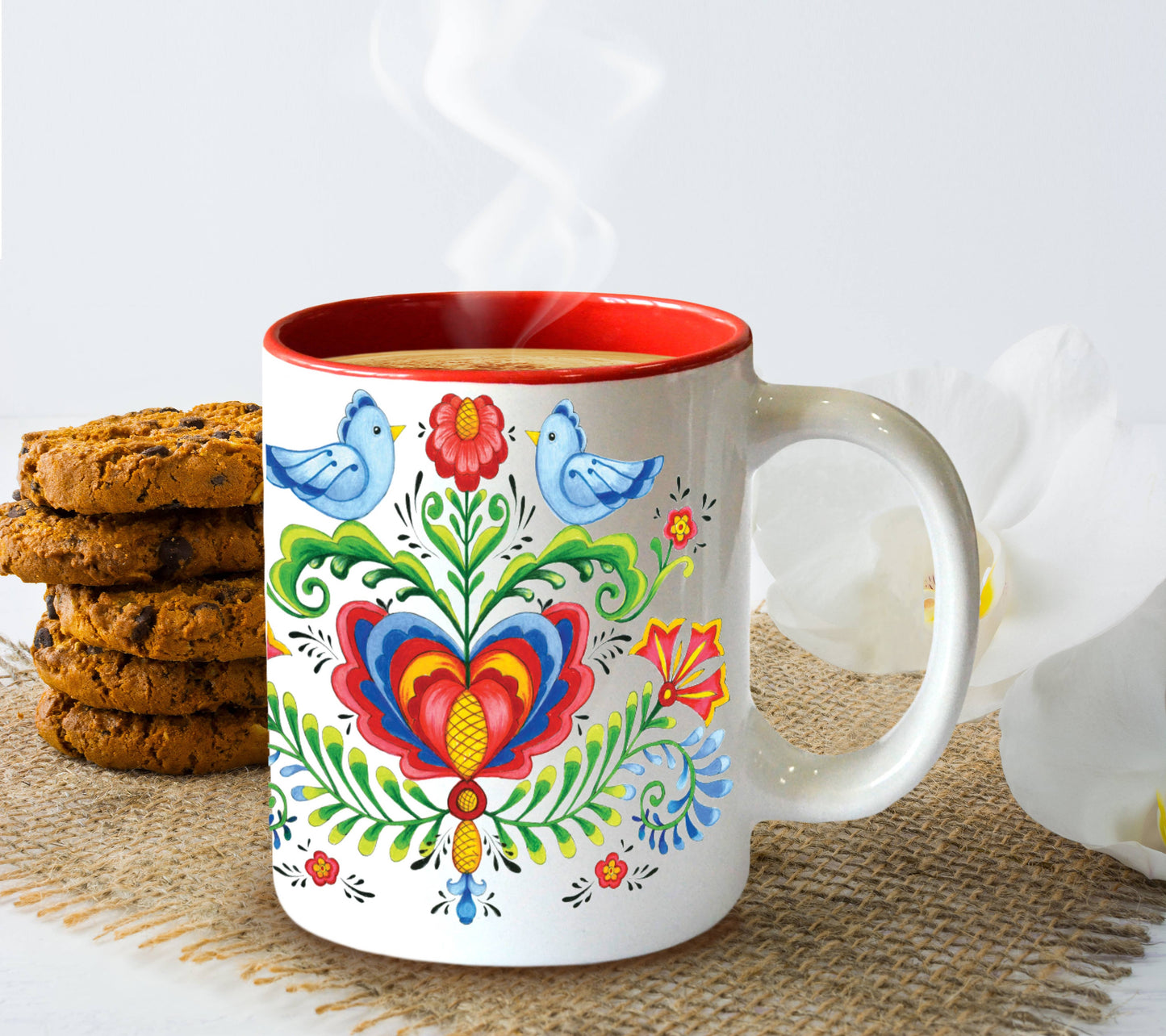 Elegant Rosemaling & Lovebirds Ceramic Coffee Mug