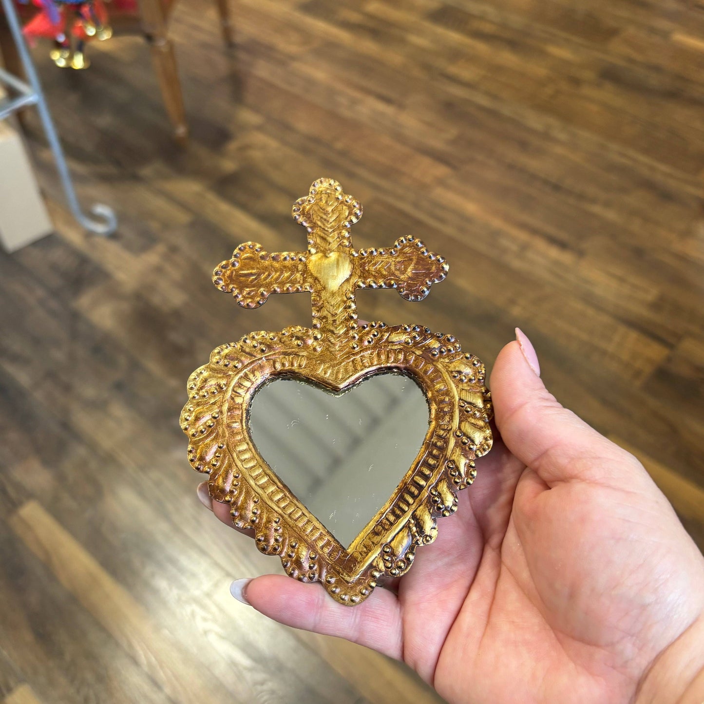 Cross on Heart Tin Mirror
