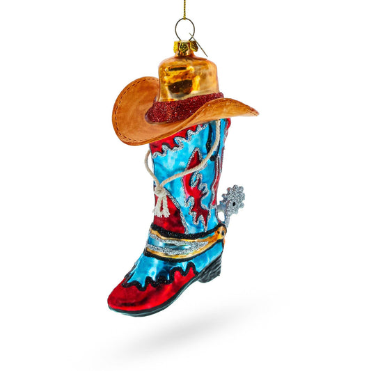 Western Cowboy Boot with a Hat Blown - Glass Ornament