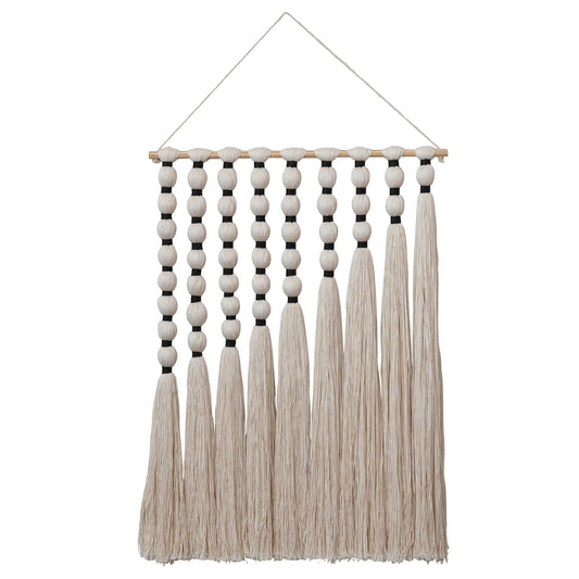 Cotton Tassel Wall Hanging w/ Wood Hanger, Natural & Black
