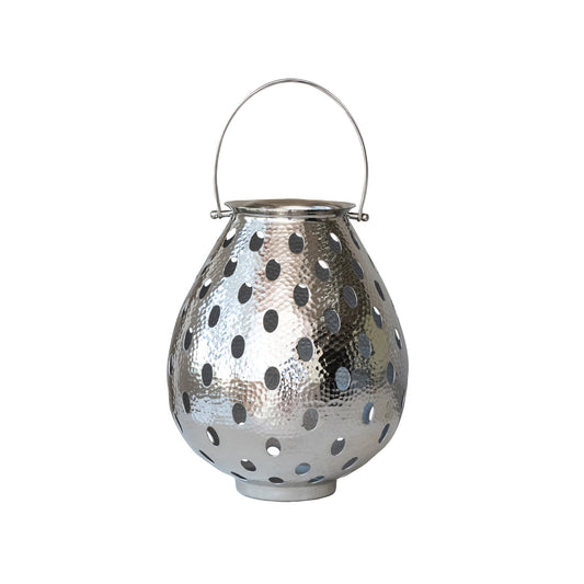 Hammered Metal Lantern with Handle & Cut-Outs, Chrome Finish