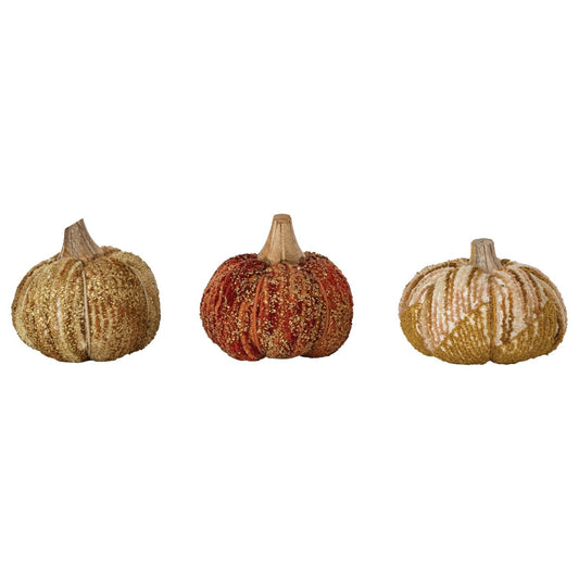 Handmade Cotton, Fabric Chenille & Mango Wood Pumpkin, 3 Styles
