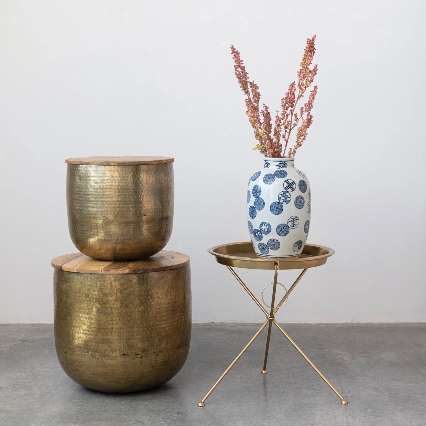Hammered Metal Drum Tables w/ Mango Wood Lids & Storage