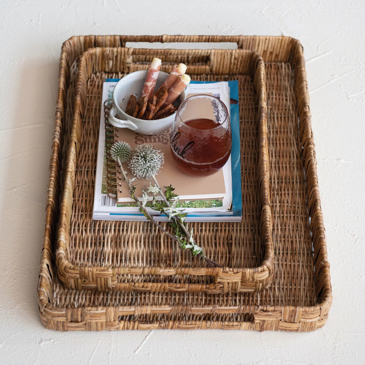 Decorative Hand-Woven Rattan Trays w/ Handles, 2 Sizes