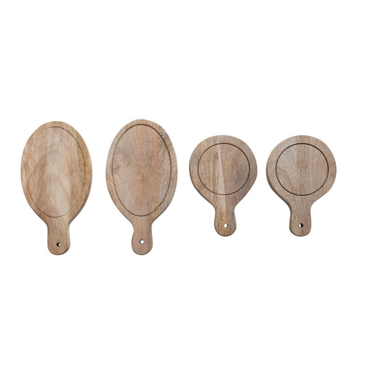 Mango Wood Serving Boards w/ Handles, Natural, 2 Styles, Set of 4