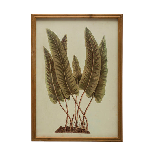 Wood Framed Glass Wall Décor w/ Leaves, White & Green