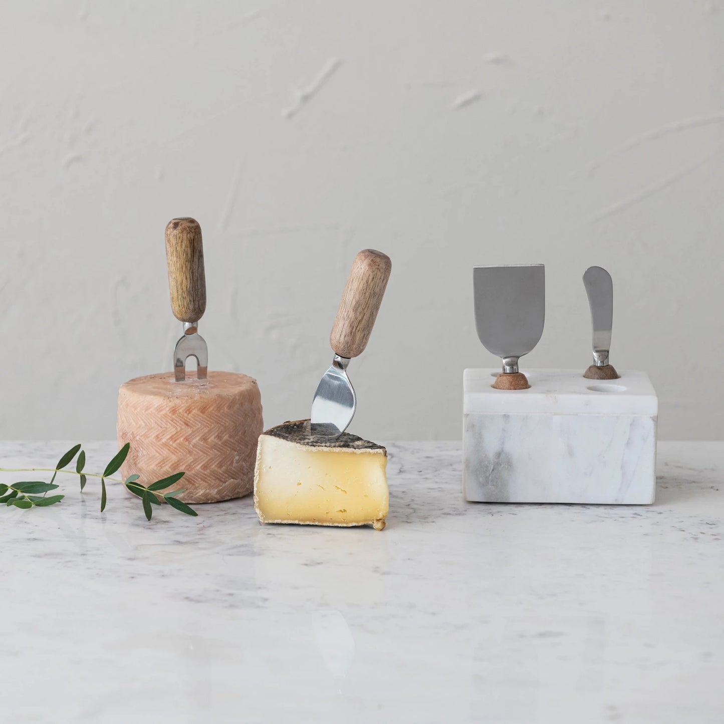 Stainless Steel Cheese Servers w/ Mango Wood Handles & Marble Stand,