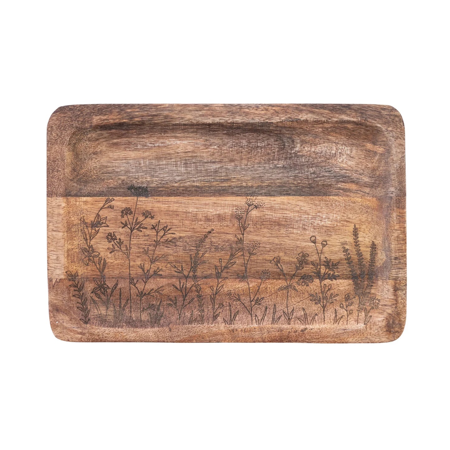Mango Wood Tray with Etched Botanicals, Natural Finish