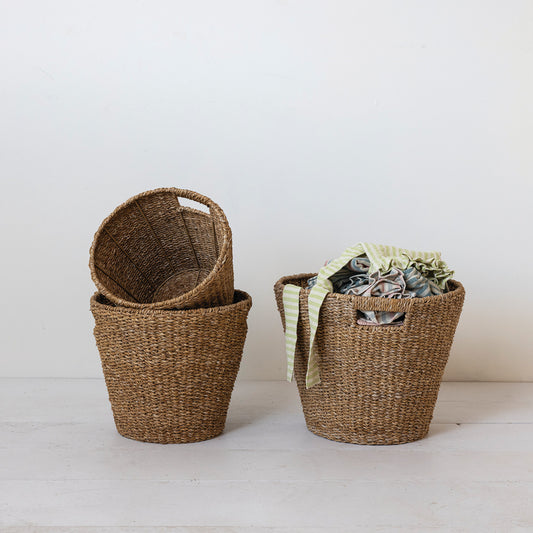 Hand-Woven Seagrass Baskets w/ Handles, Natural, Set of 3