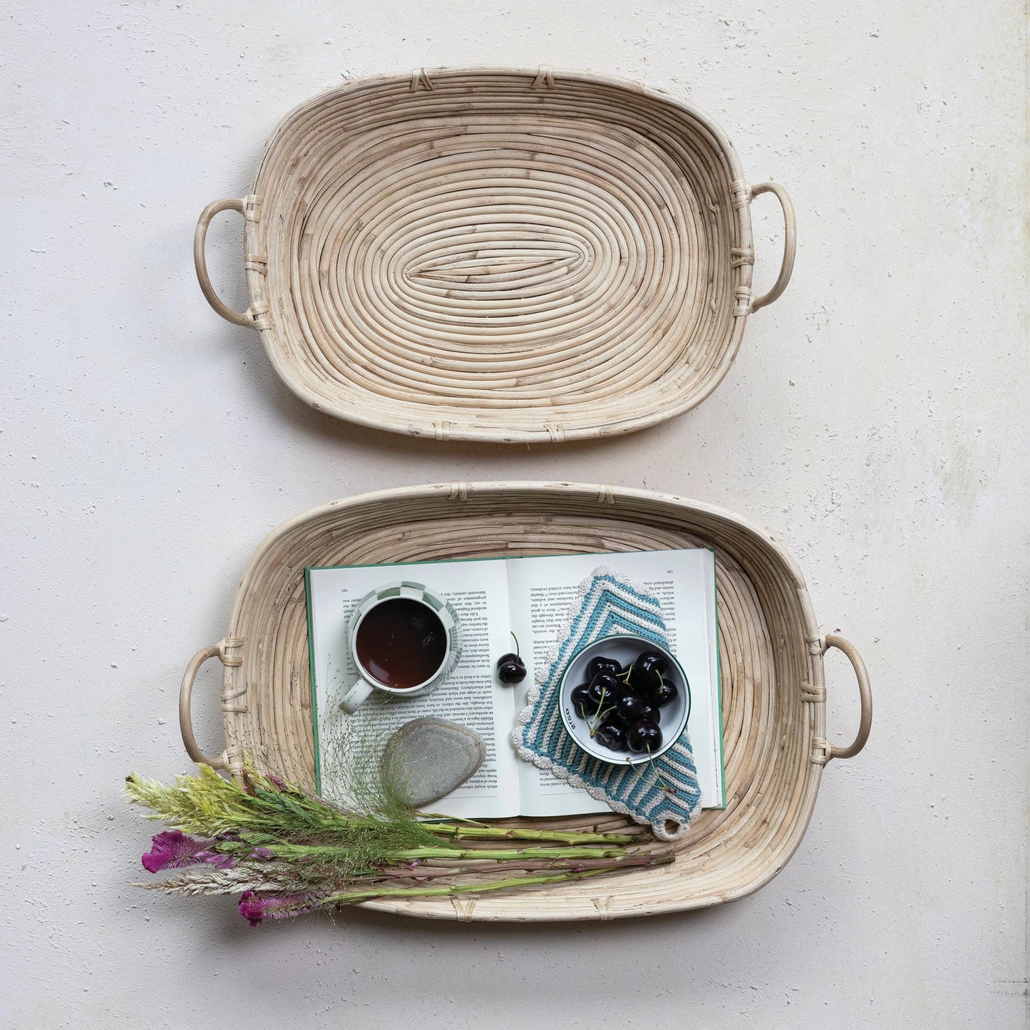 Hand-Woven Rattan Tray w/ Handles