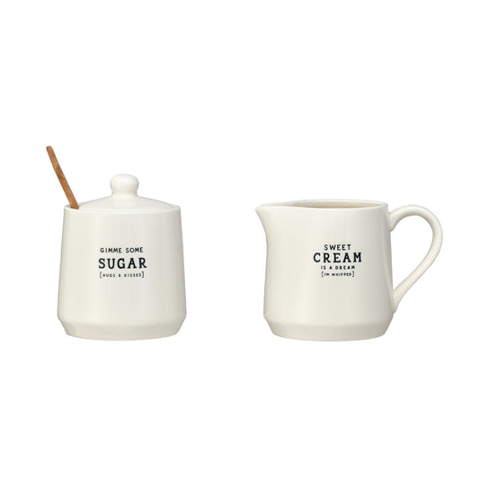 12 oz. Stoneware Creamer & 12 oz. Sugar Pot w/ Bamboo Spoon, Set of 3 ©