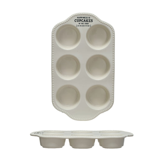 Stoneware Muffin Pan w/ Hobnail Edge & Wax Relief Saying ©