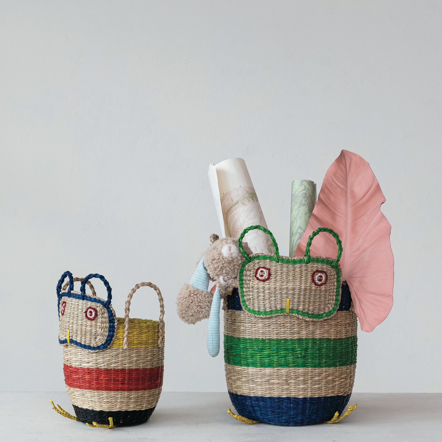 Hand-Woven Seagrass Owl Baskets w/ Handles, Set of 2
