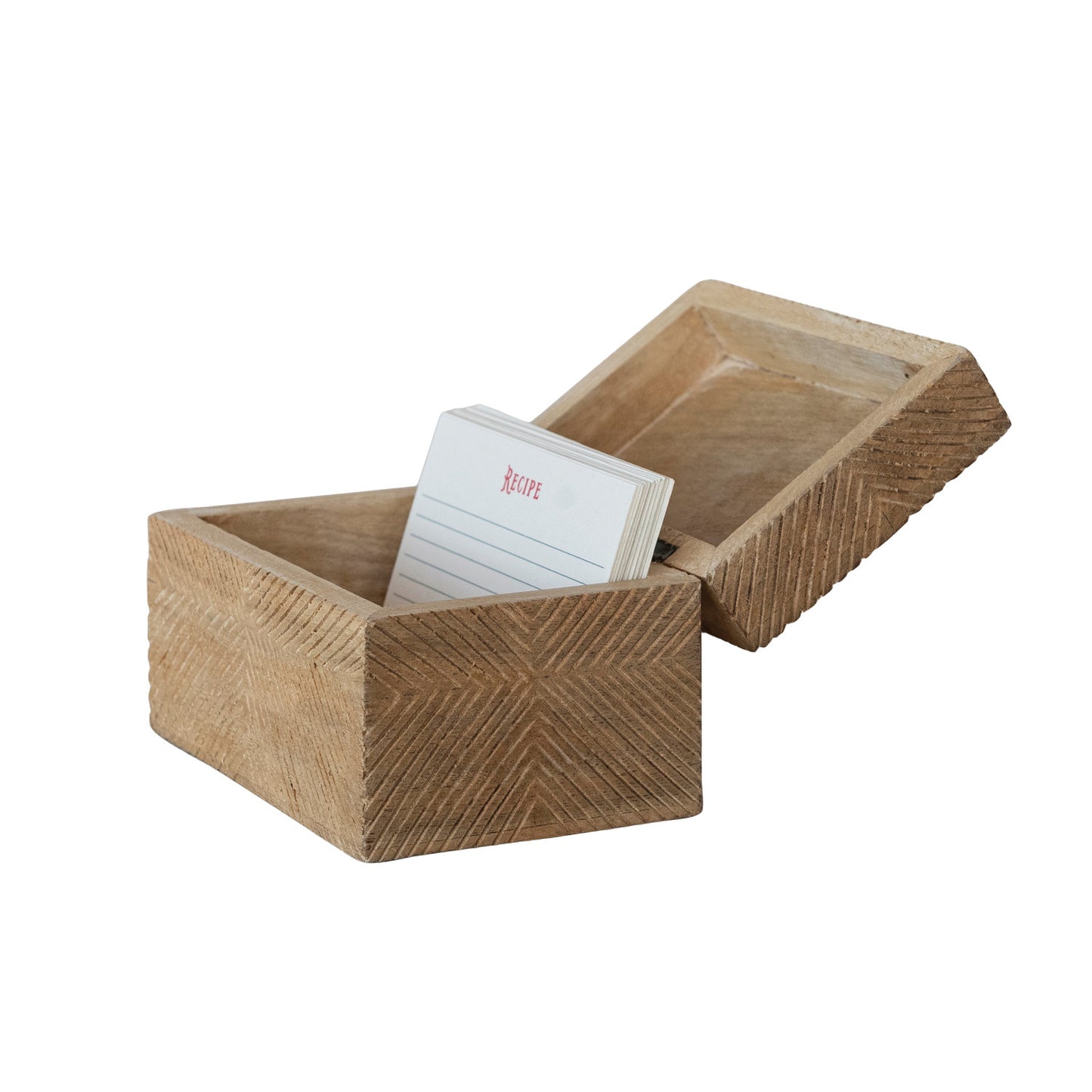 Hand-Carved Mango Wood Recipe Box with Recipe Cards
