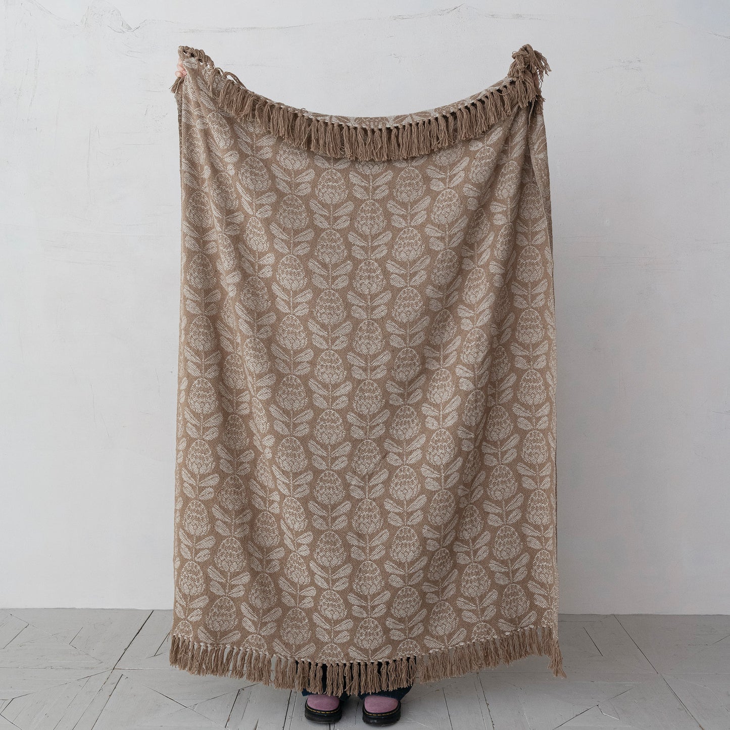 Woven Recycled Cotton Blend Jacquard Throw with Floral Pattern