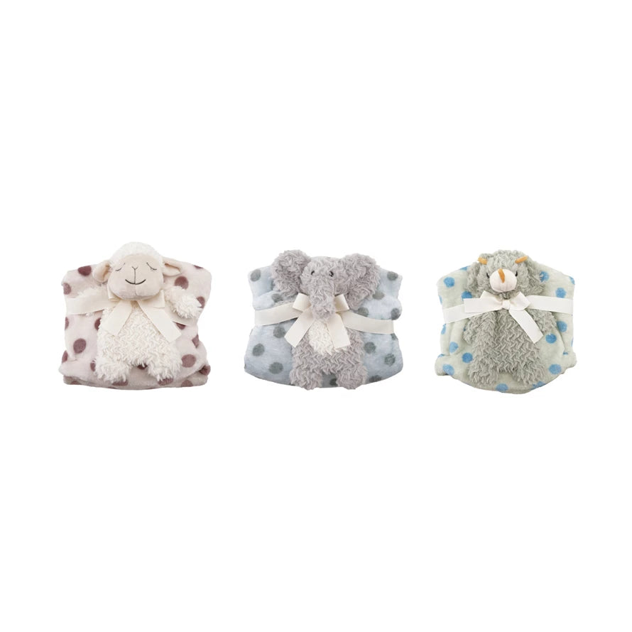 Plush Animal with Polka Dot Blanket