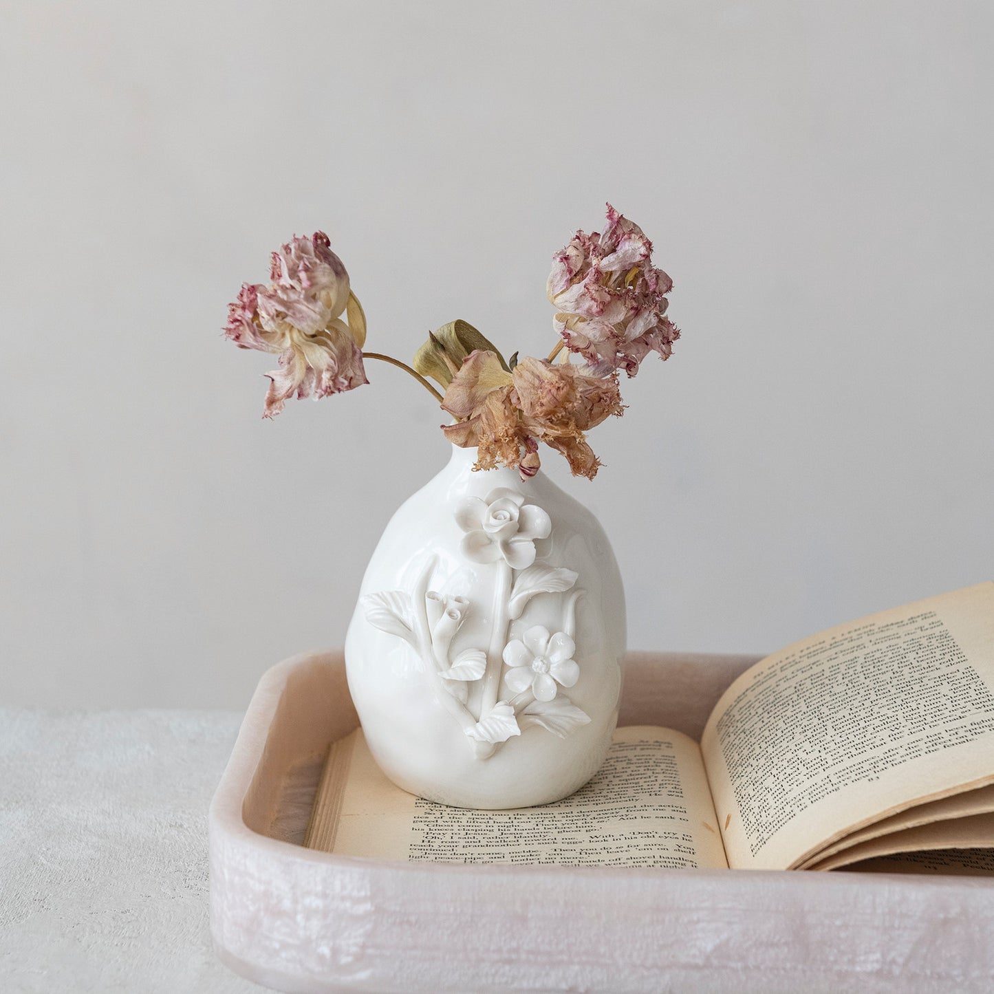 White Stoneware Vase with 3D Flowers