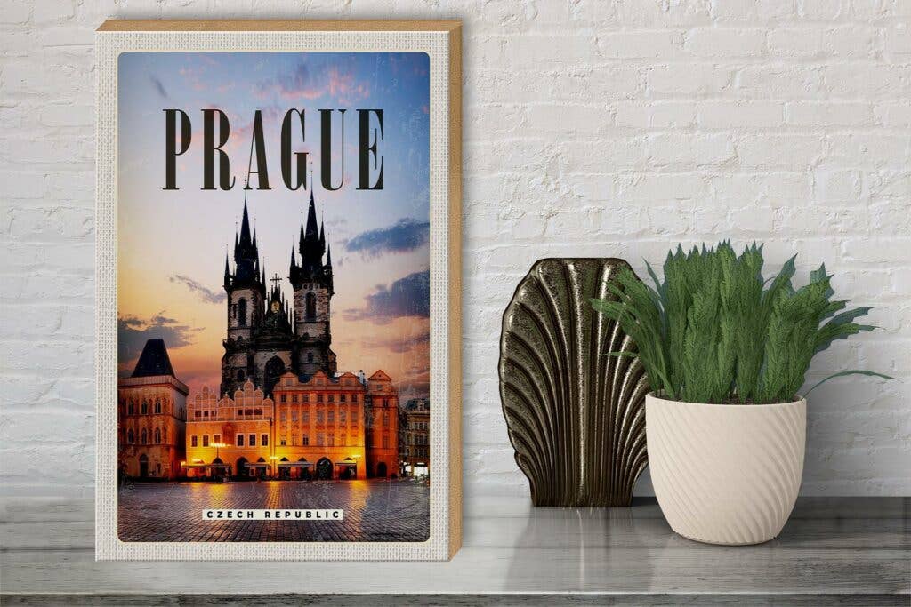 Retro Prague Czech Republic Wooden Sign