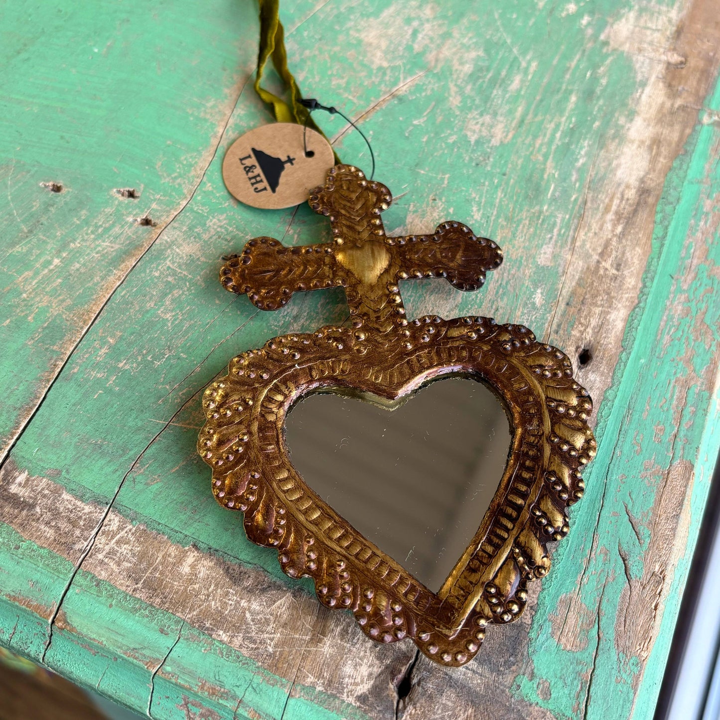 Cross on Heart Tin Mirror