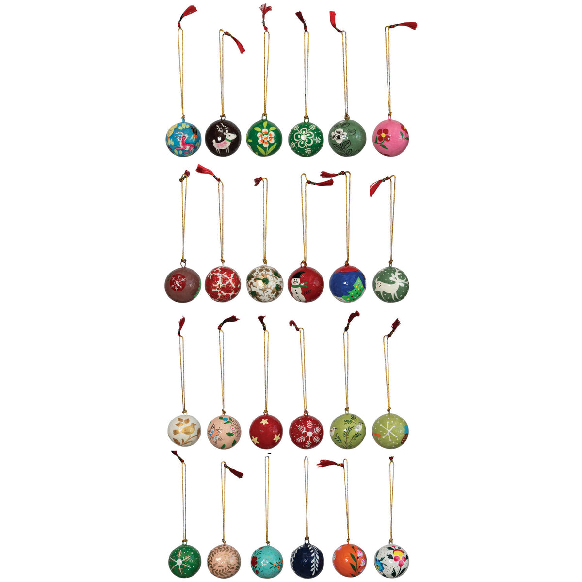 1" Round Hand-Painted Paper Mache Ball Ornaments, Multi Color, Set of 24