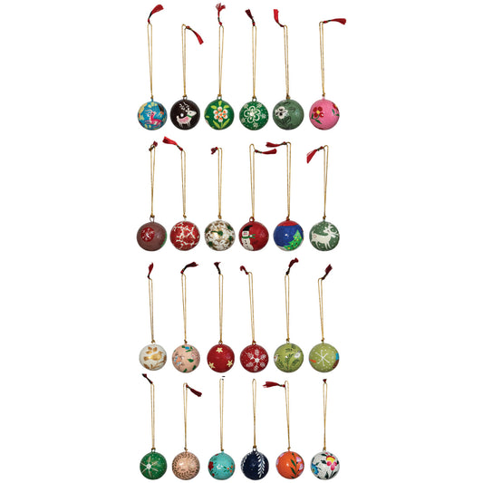 1" Round Hand-Painted Paper Mache Ball Ornaments, Multi Color, Set of 24