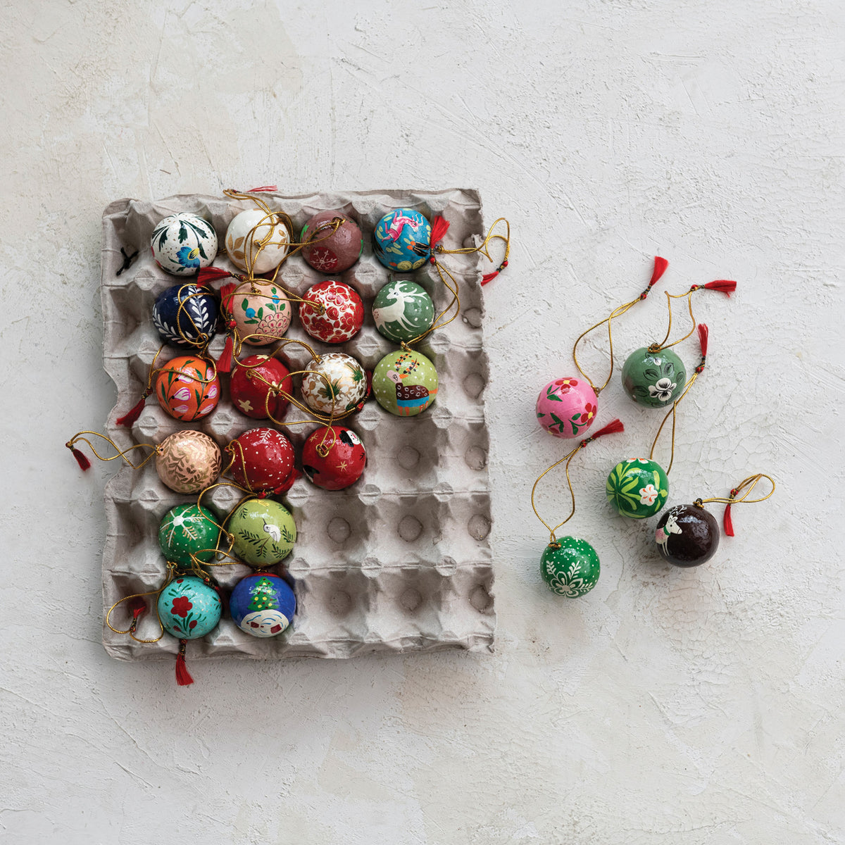 1" Round Hand-Painted Paper Mache Ball Ornaments, Multi Color, Set of 24