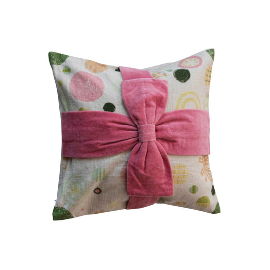 16" Square Cotton Printed Pillow w/ Pattern & Velvet Applique Bow, Multi Color ©