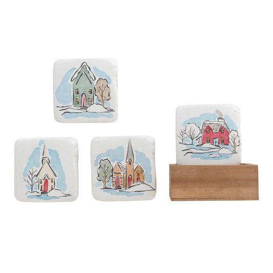 Resin Coasters w/ Houses in Wood Box, Set of 5 ©