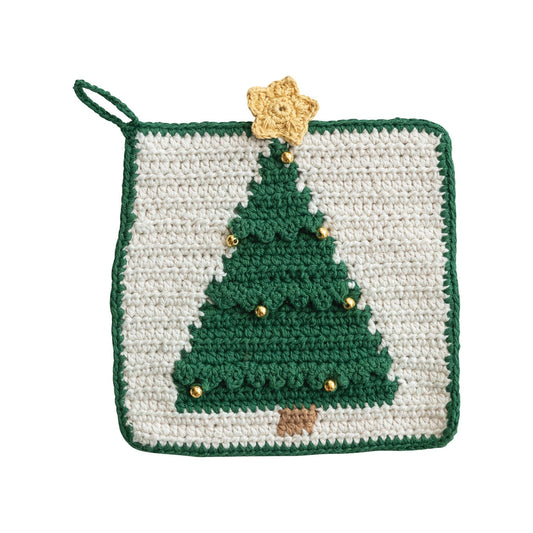 8" Square Cotton Crocheted Pot Holder with Christmas Tree & Beads