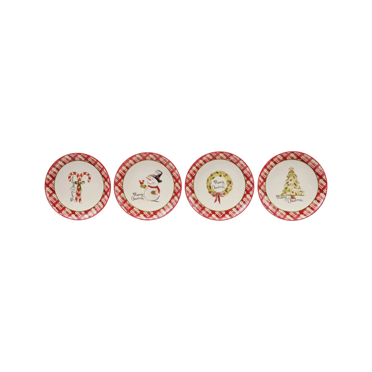 Stoneware Plate with Holiday Image & Plaid Border