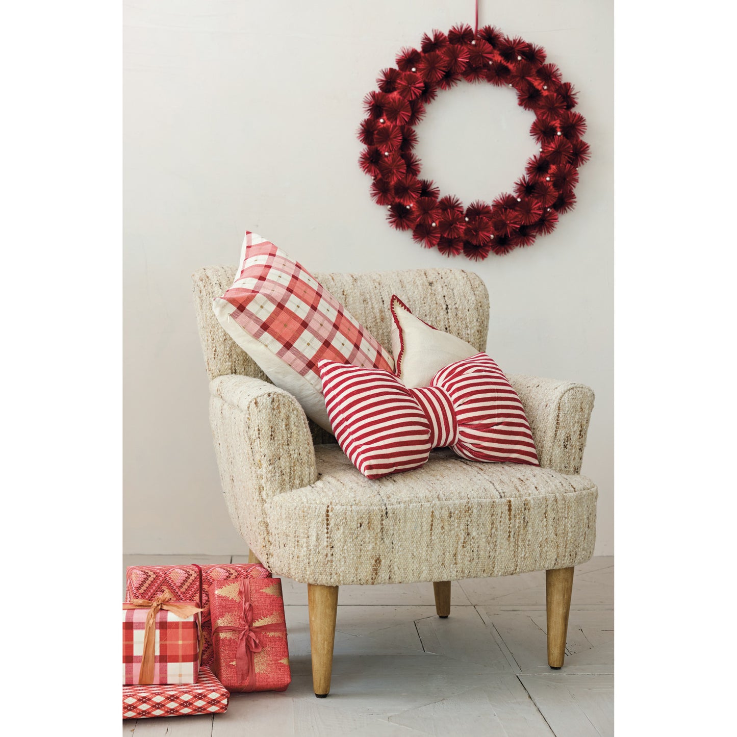 Cotton Velvet Bow Shaped Striped Lumbar Pillow