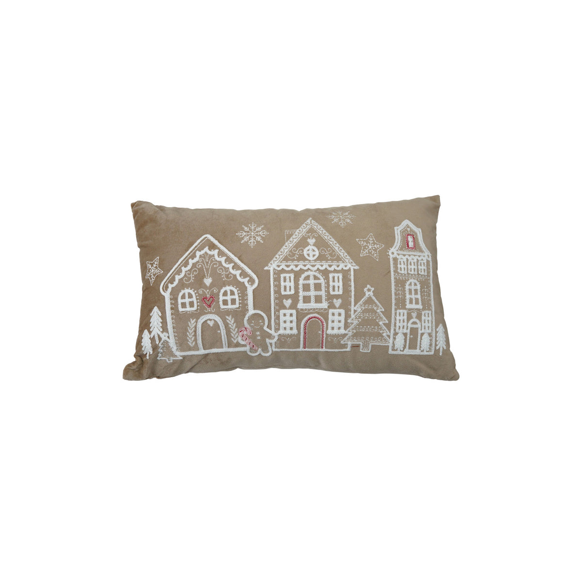 Velvet Lumbar Pillow with Embroidered Gingerbread Scene