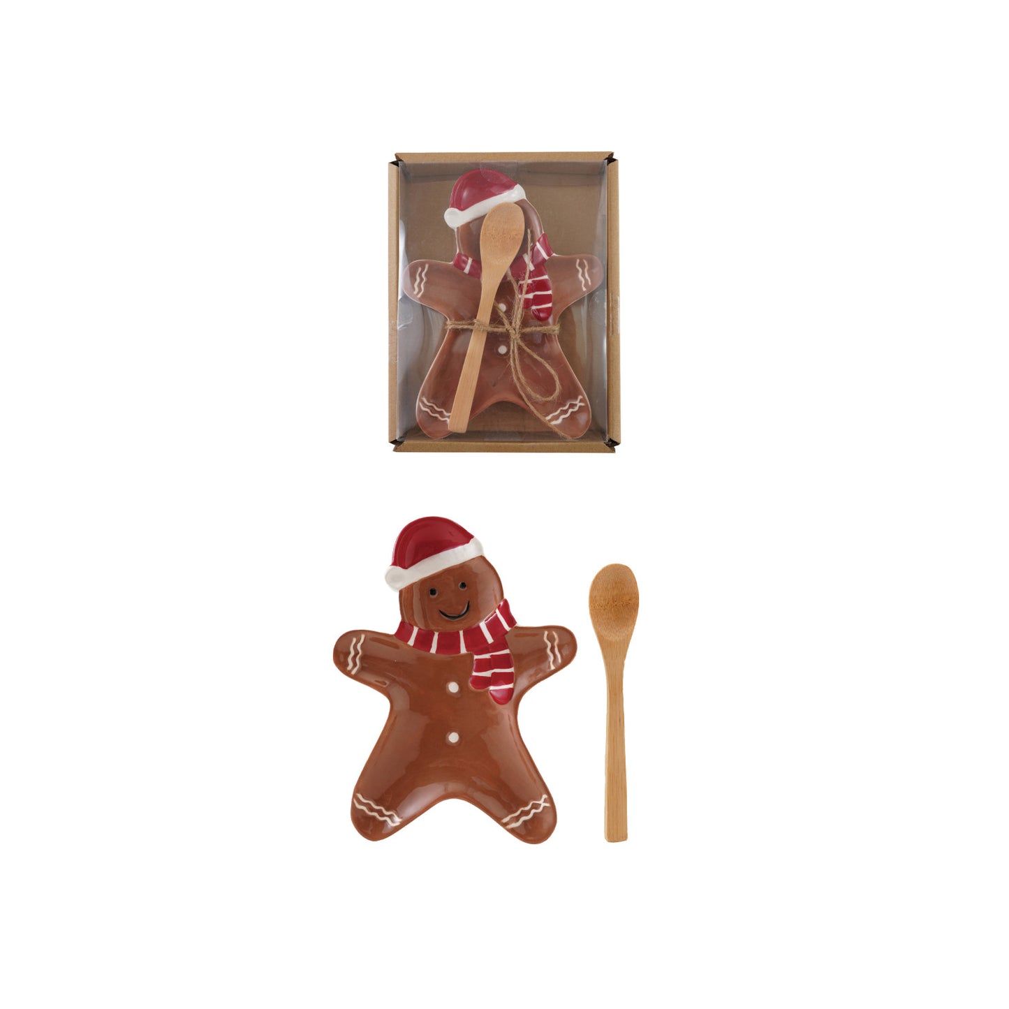 Ceramic Gingerbread Cookie Shaped Dish with Bamboo Spoon