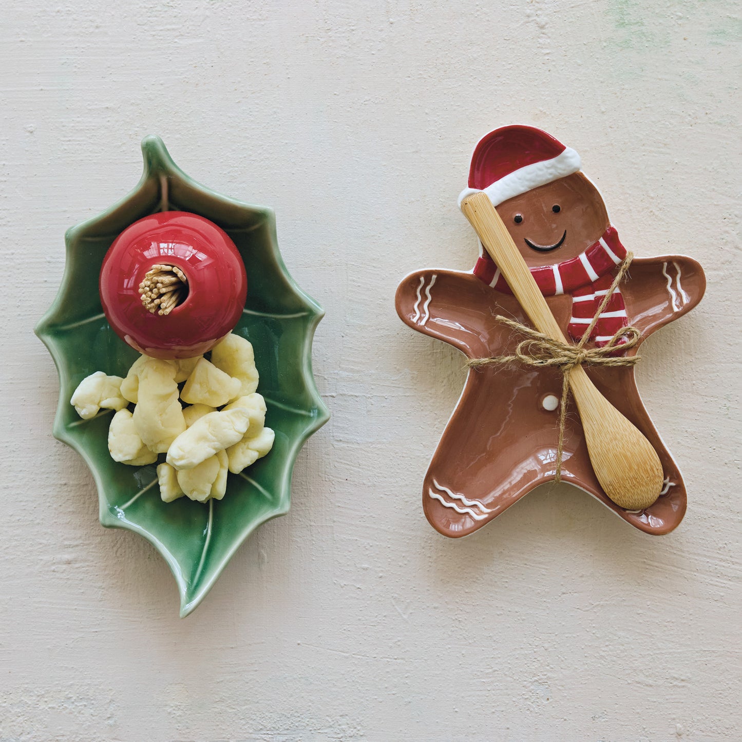 Ceramic Gingerbread Cookie Shaped Dish with Bamboo Spoon