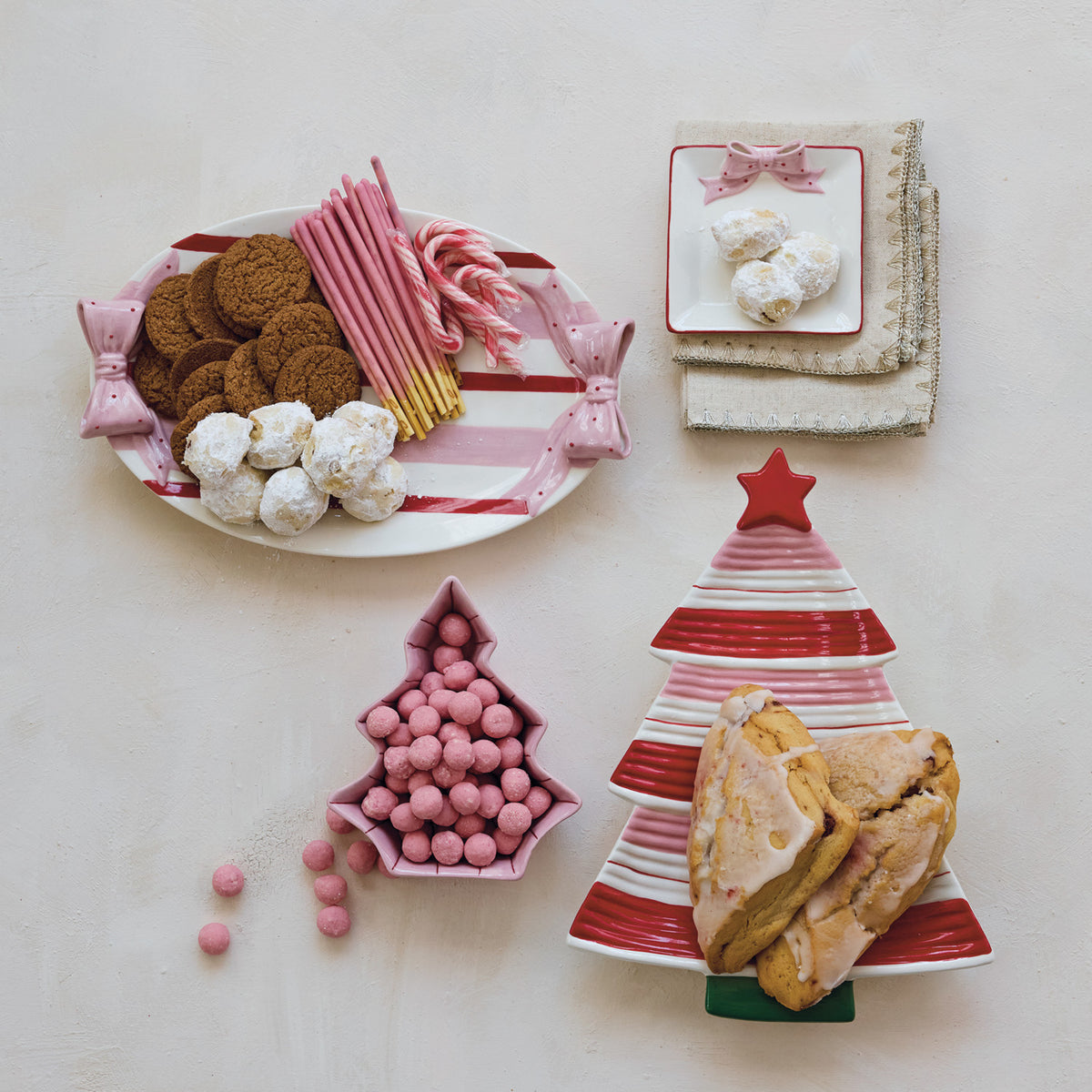 Hand-Painted Stoneware Striped Platter with Polka Dot Bow Shaped Handles